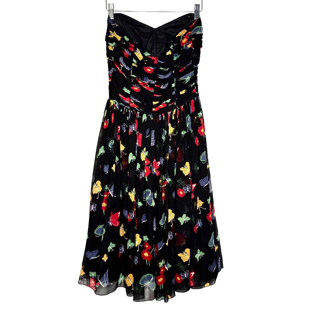 Anna Sui for Anthropologie Silk Butterfly Print Strapless Dress Black Multi 0 - Picture 3 of 8